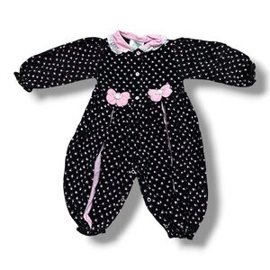 Vintage Tiny Tots Black & Pink Floral Corduroy Jumpsuit Baby Girl Size 18 Months